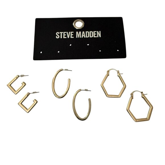 NOC Steve Madden Gold-Tone Geometric Hoop Earrings Set Of 3 Modern Stylish - Picture 2 of 9